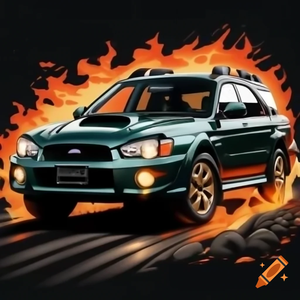 Dark green 2002 Subaru Outback driving with tire marks on road