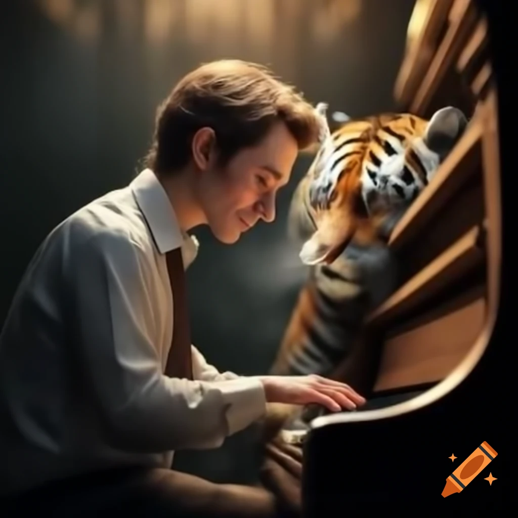 Man playing piano with a tiger nearby