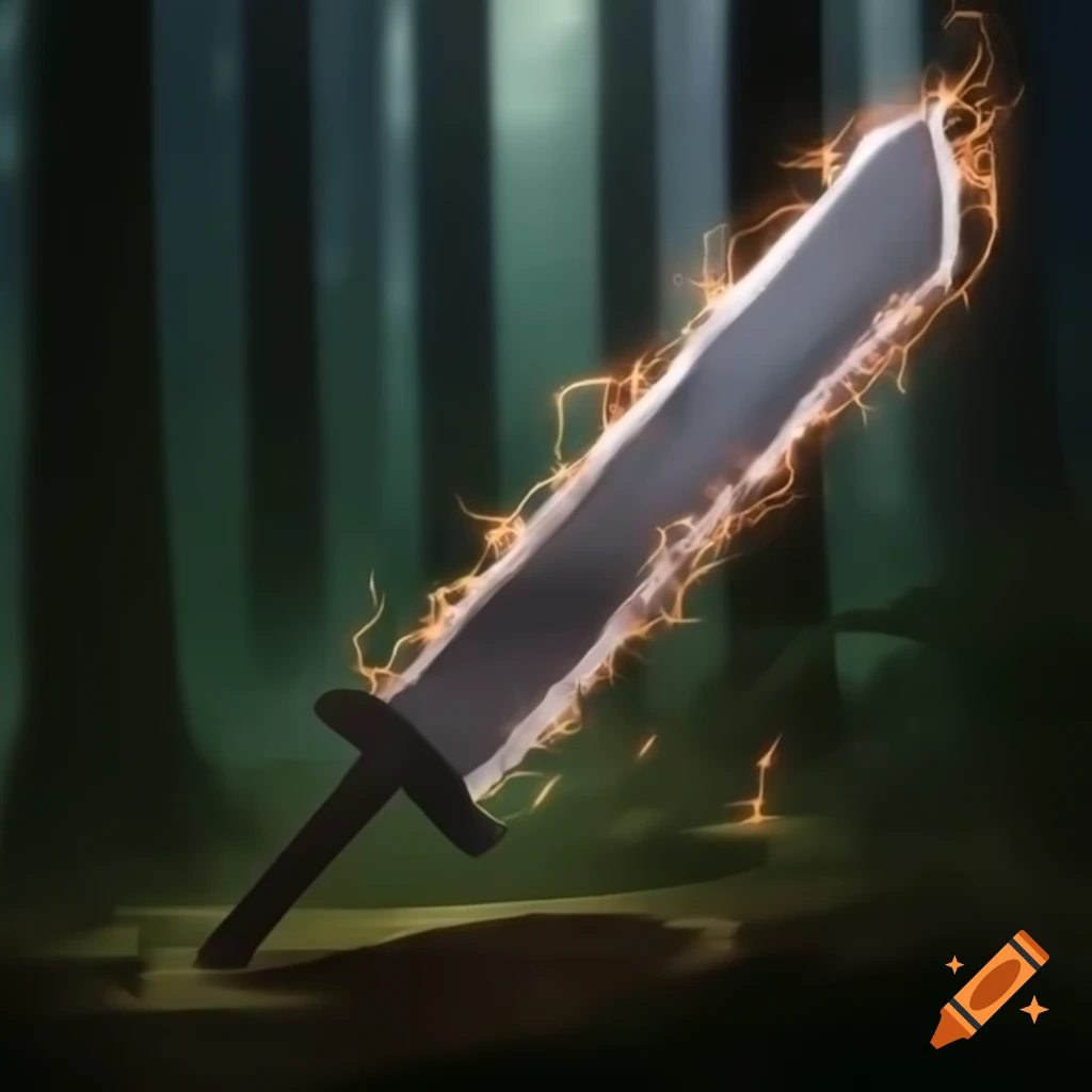 Chainsaw greatsword with forest background, Magic: The Gathering art