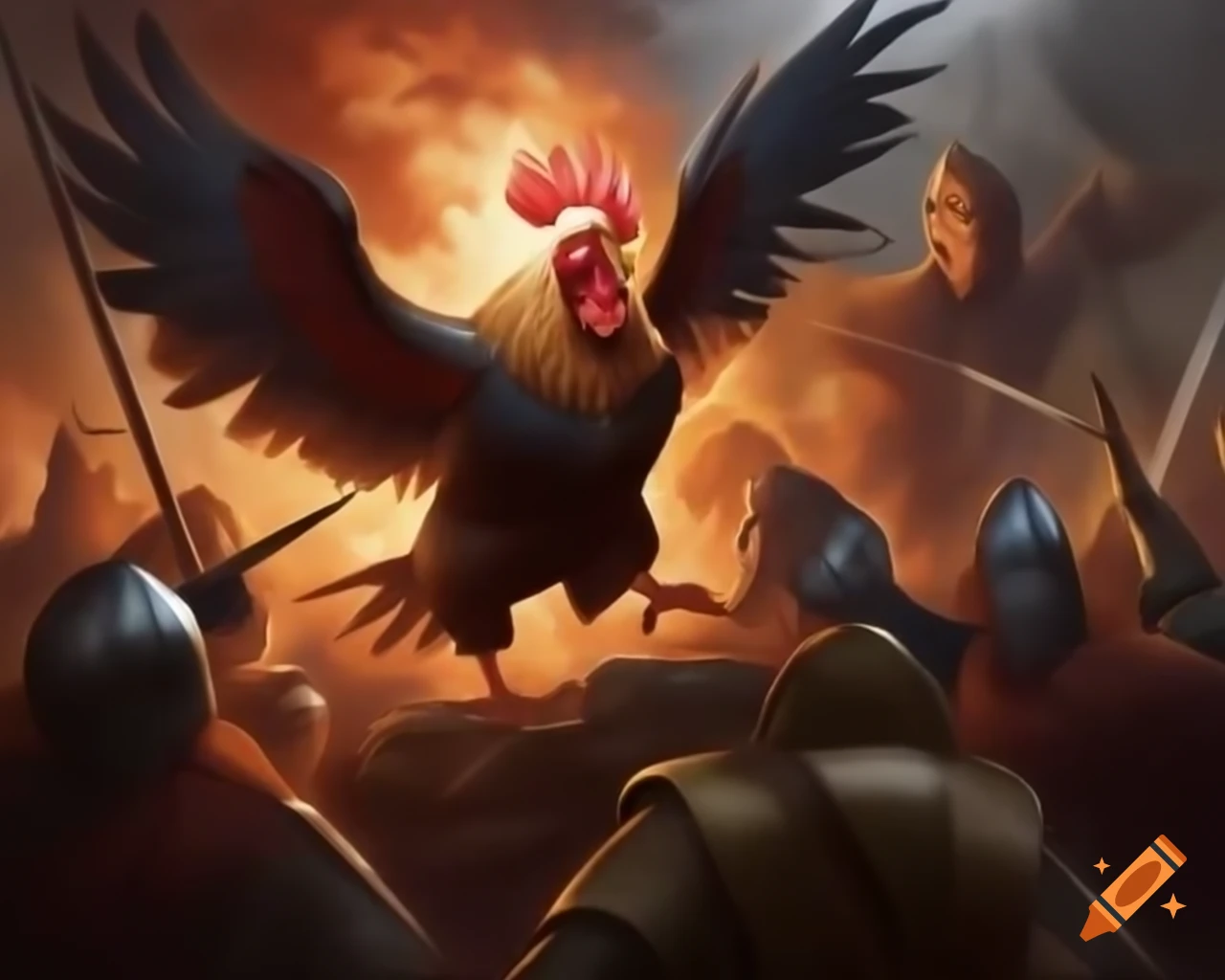 Giant rooster painting destroying medieval army