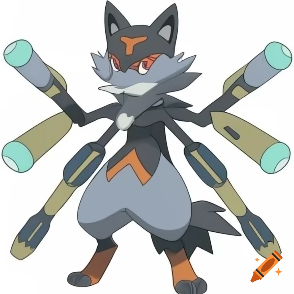 Pokémon in Sugimori style featuring wolf with serious aura and rifles as arms
