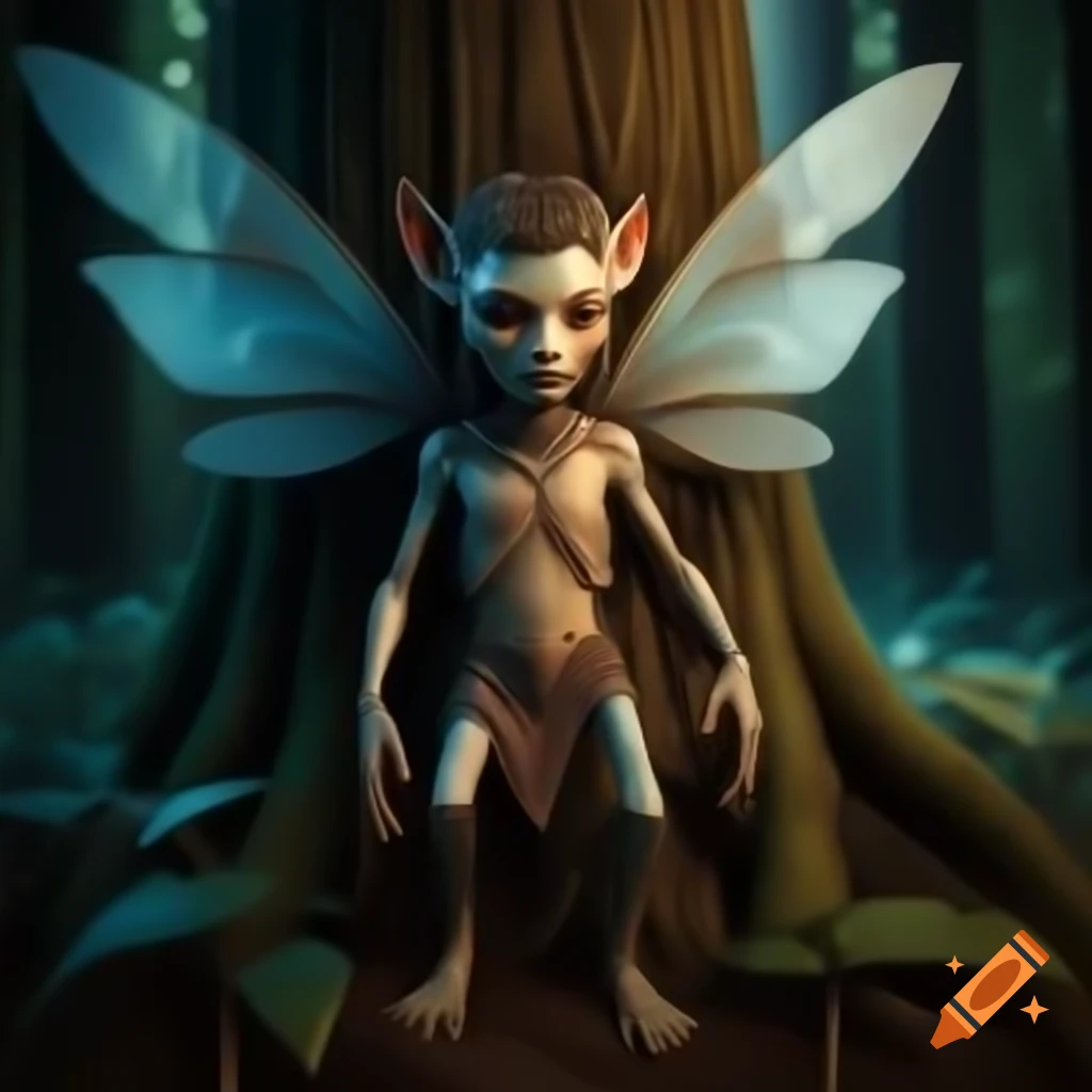 Photorealistic 3D render of a fairy beside a tree in a forest