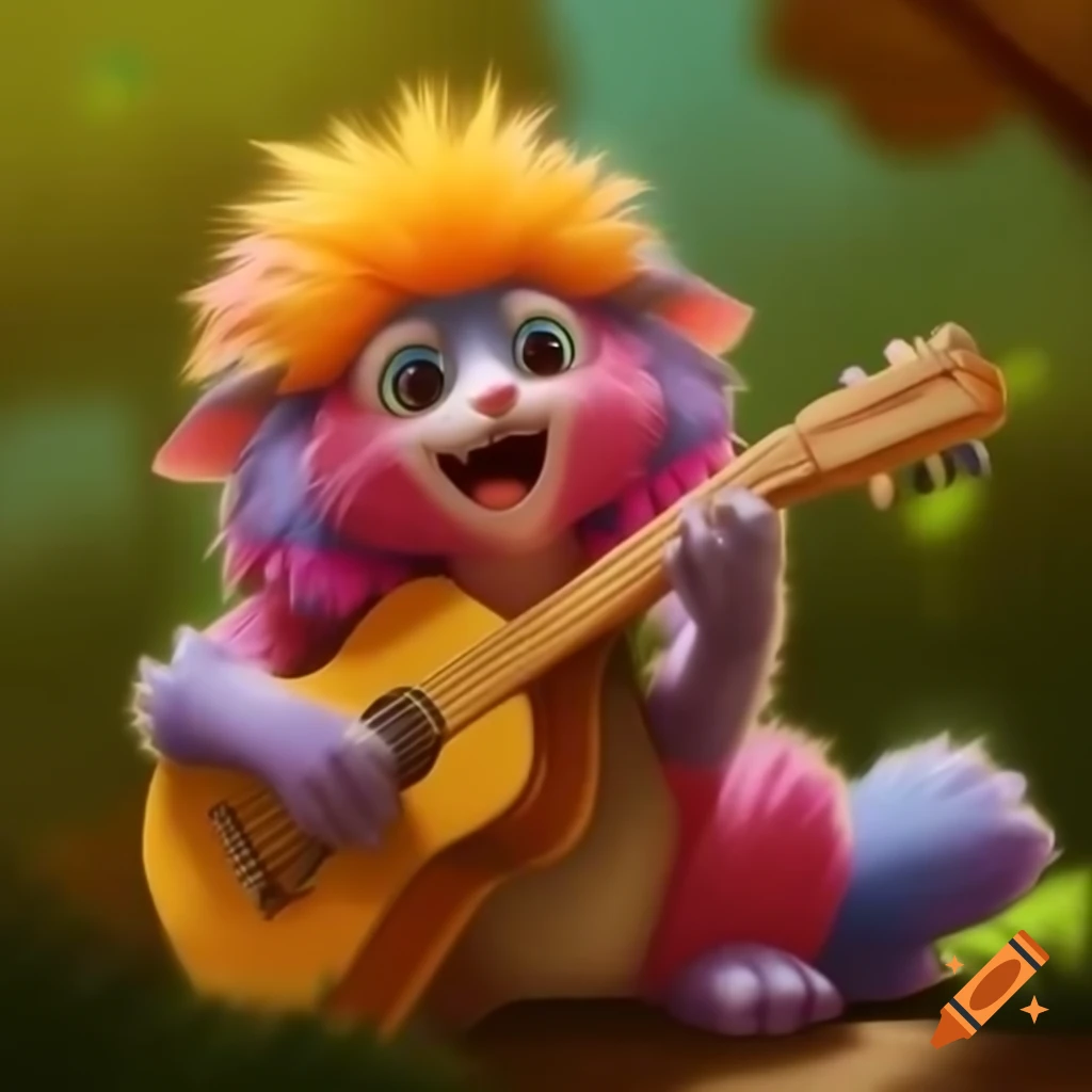 Colorful fantasy animal playing guitar with playful expression