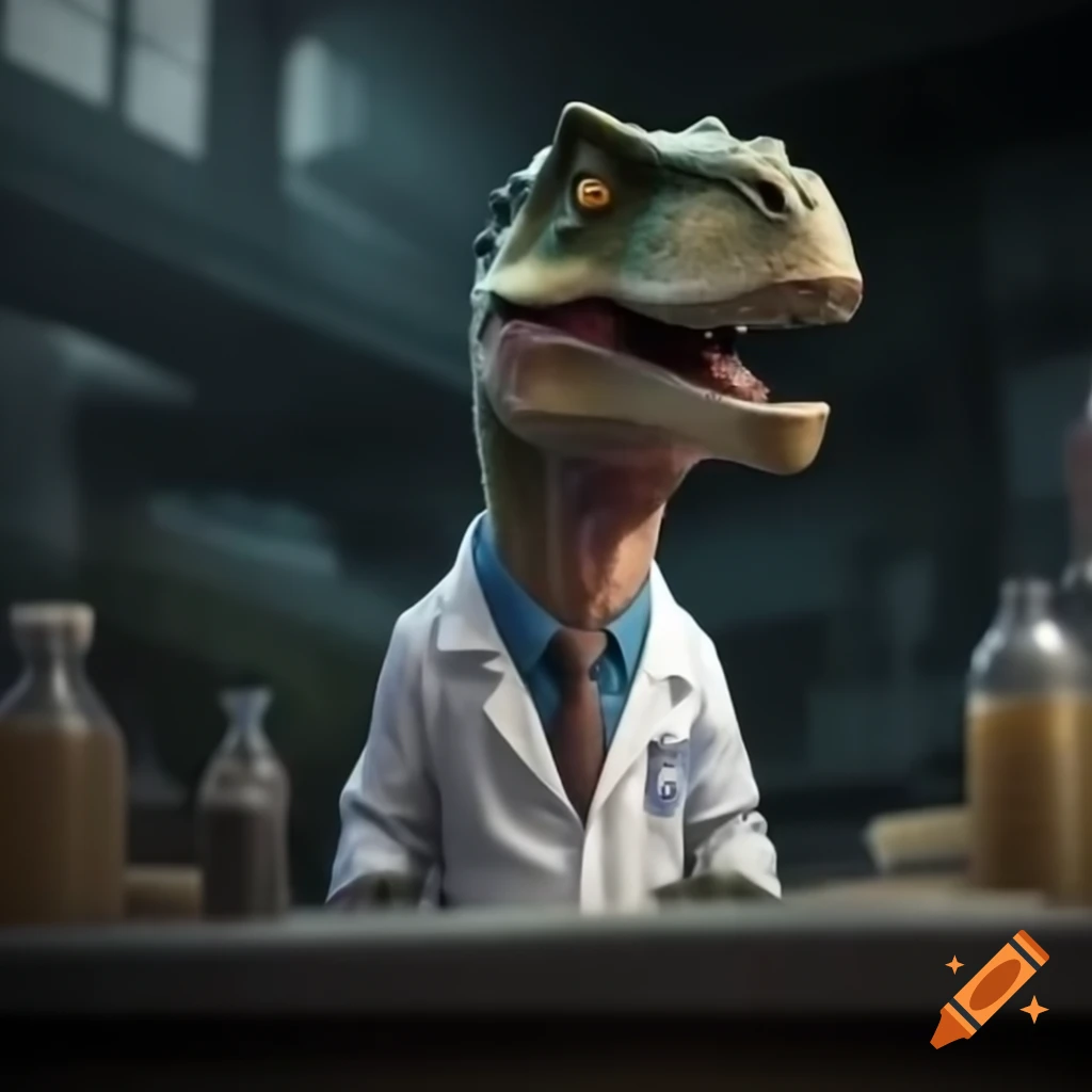 Dinosaur in white lab coat inside a laboratory