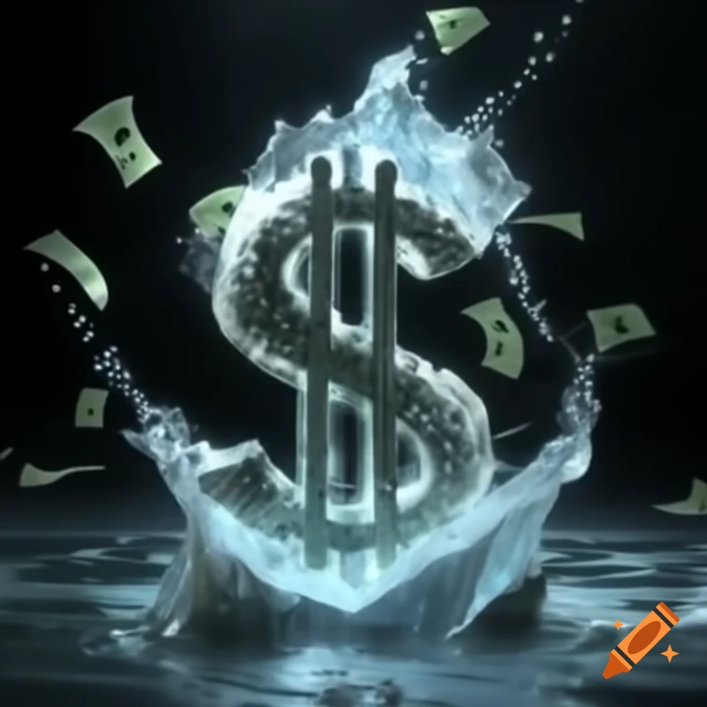 Majestic water torrent forming dollar sign with cash explosion