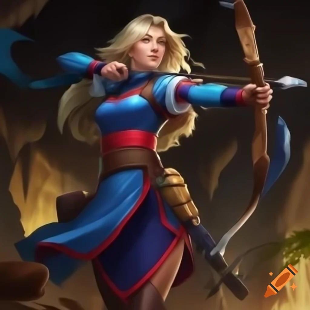 Female archer in blue and red outfit aiming a bow and arrow
