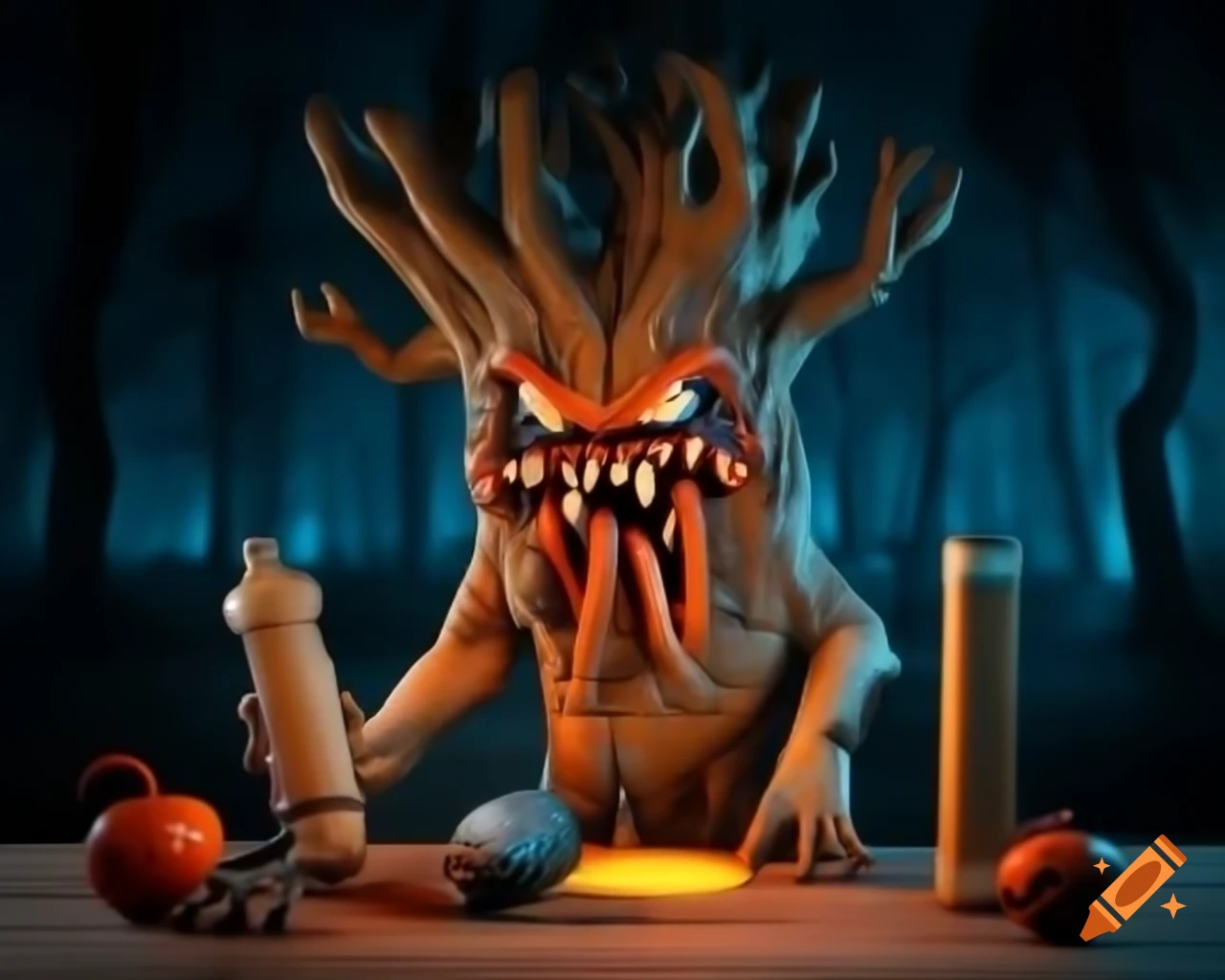 Hyper-realistic 3D tree monster with human-like teeth and fangs in dark woods