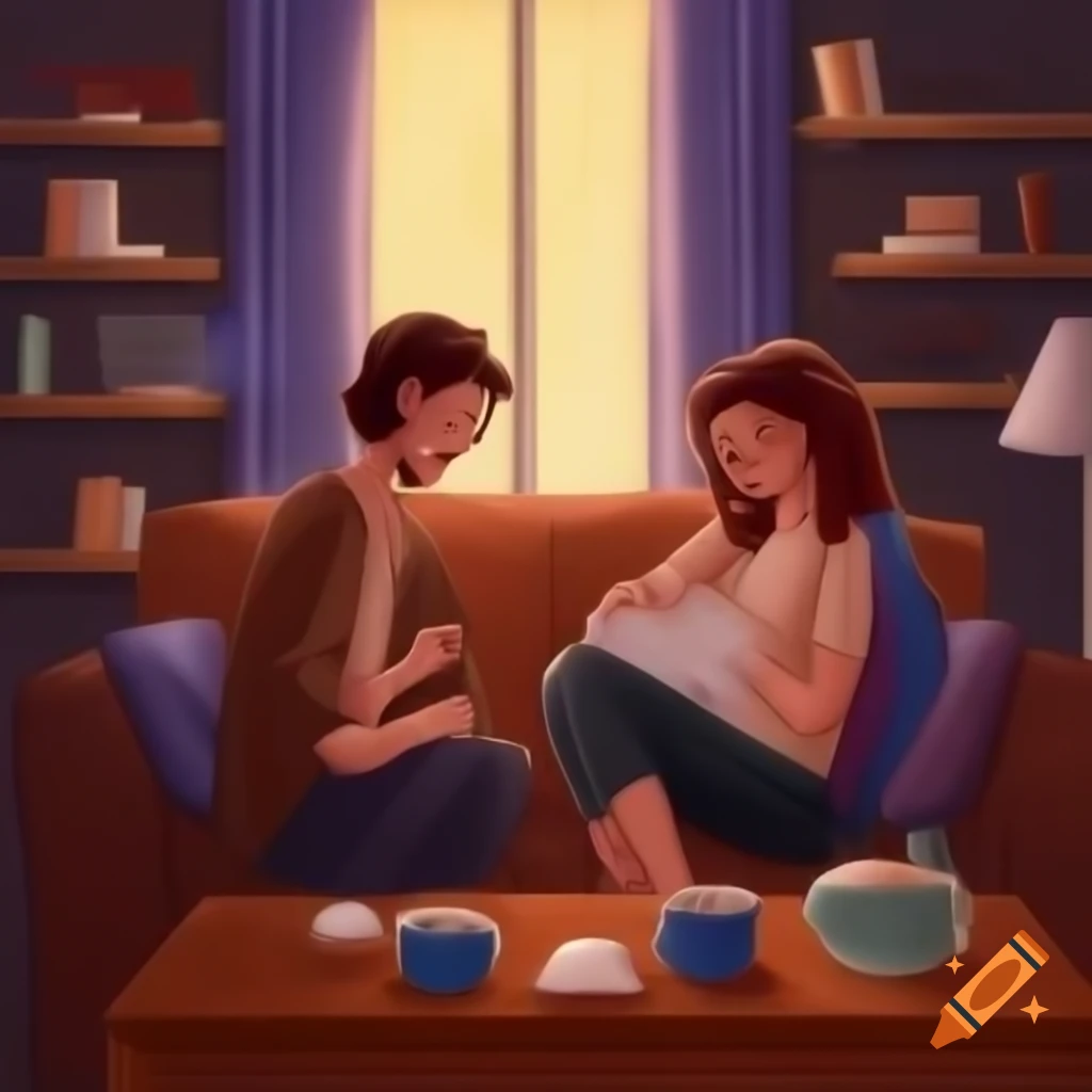 Pencil drawing of friends in cozy living room with one comforting the other
