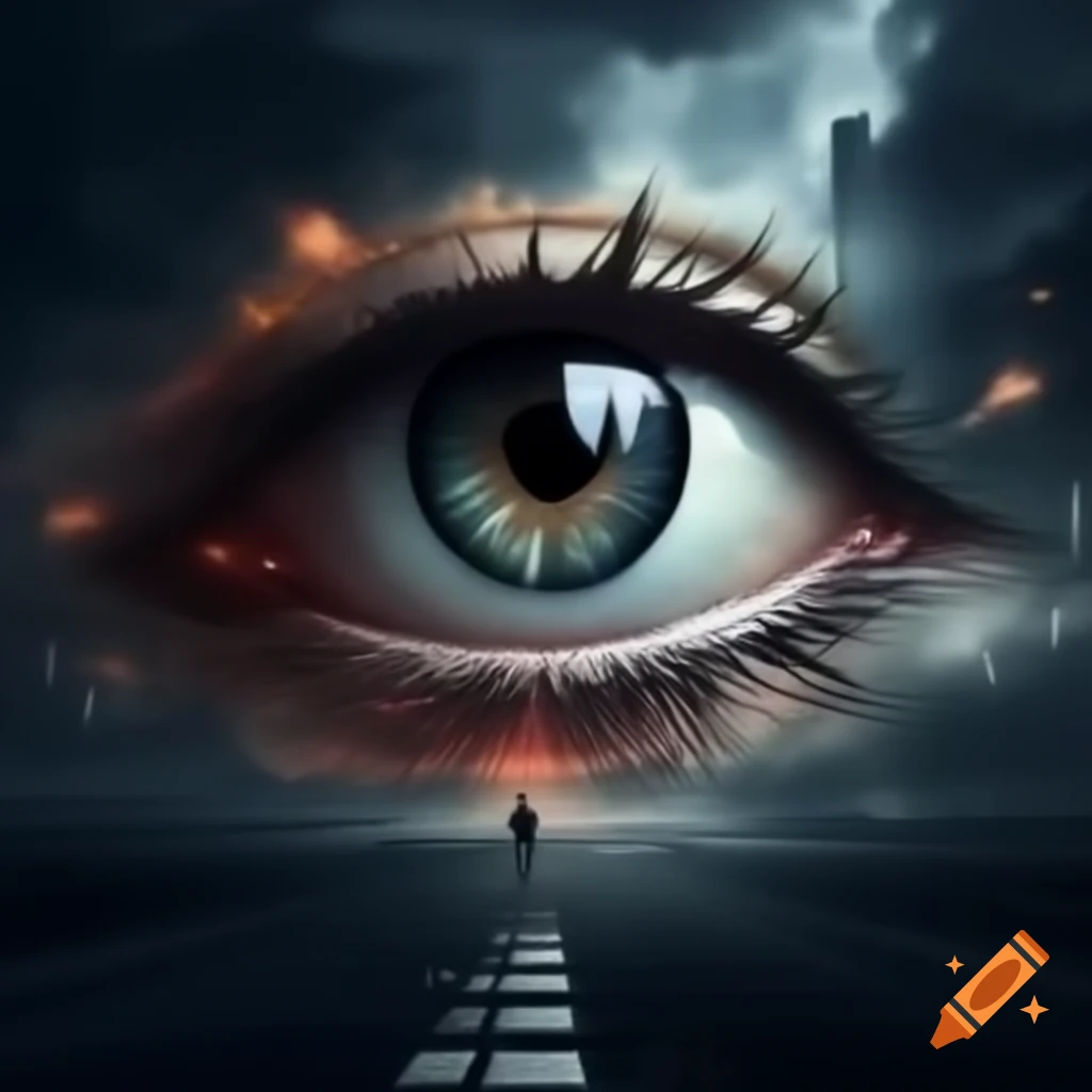 Ominous eye floating over city with people running in fear