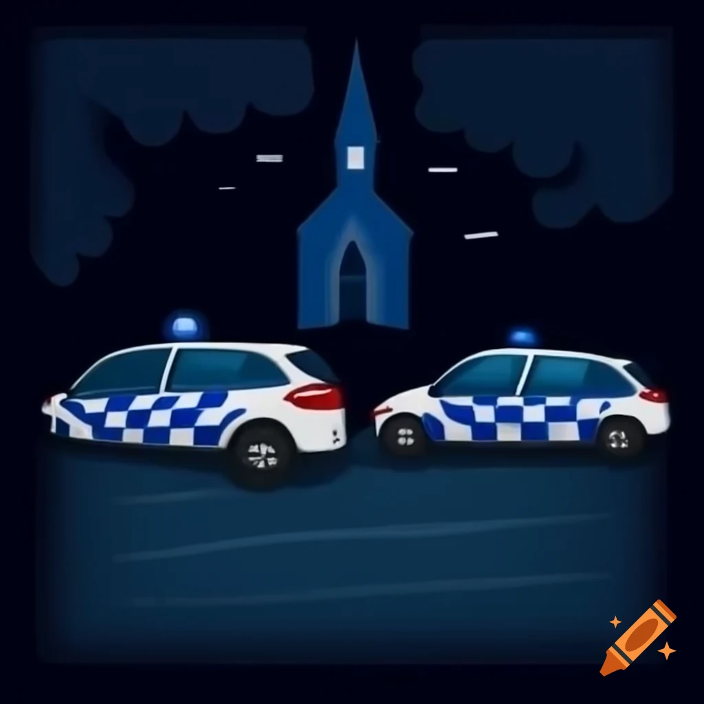 Police cars blocking road to Lovecraft church in gloomy ultradetailed art
