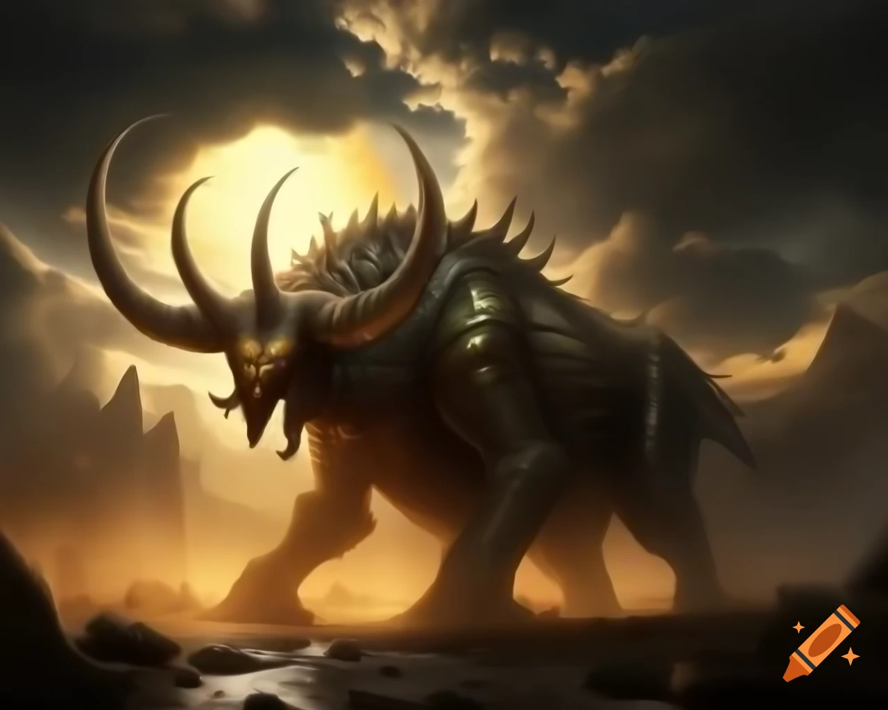 Ethereal mist enveloping colossal creature awakening at twilight