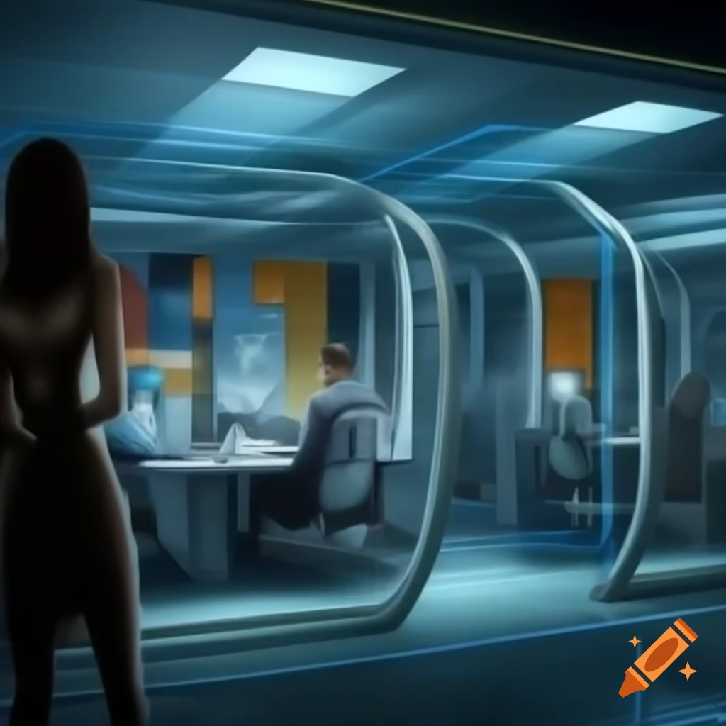 Futuristic call center with diverse individuals in glass office environment