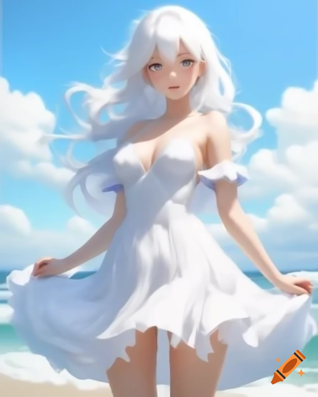 Anime character with white hair in sundress on realistic beach