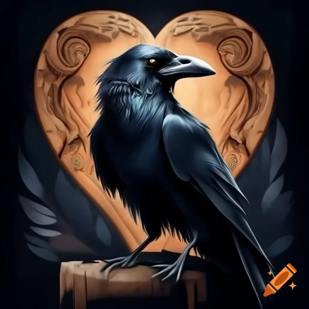 Raven with black feathers on carved wooden heart in enigmatic setting