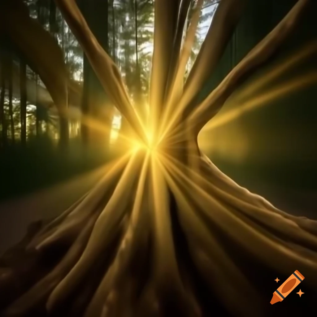Emerald shoots emerging from a tree stump in golden sunlight