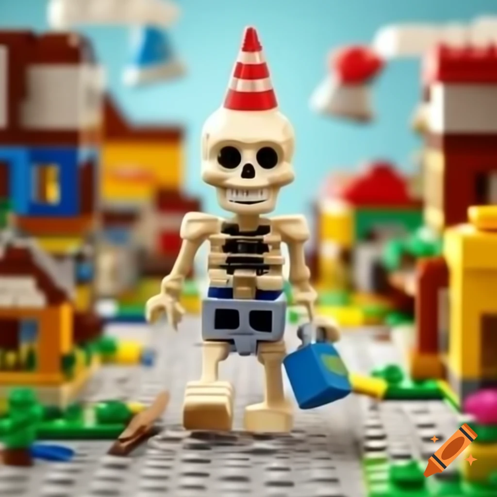 Giant skeleton in birthday hat walking through tiny Lego city