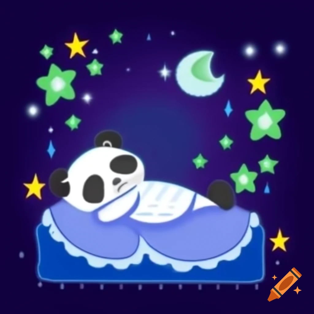 Panda sleeping in bed with whimsical dream world of stars and moonbeams