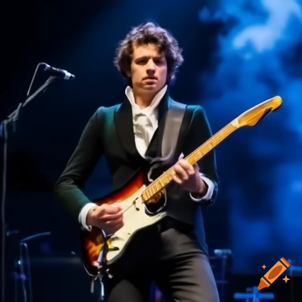 Man dressed as Mozart playing electric guitar on stage with dark blue smoky background