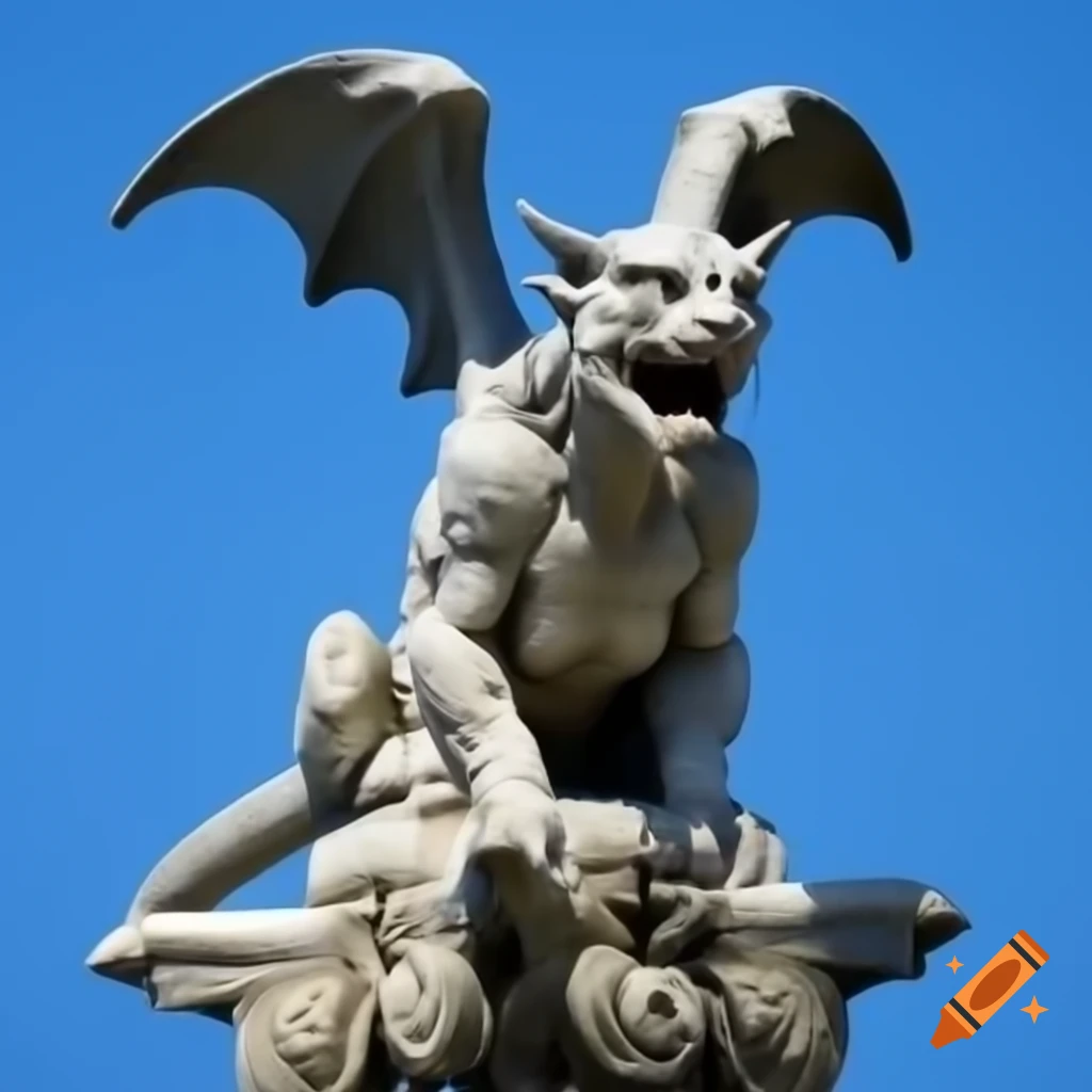 Marble demon gargoyle with horns and wings atop Washington Monument obelisk