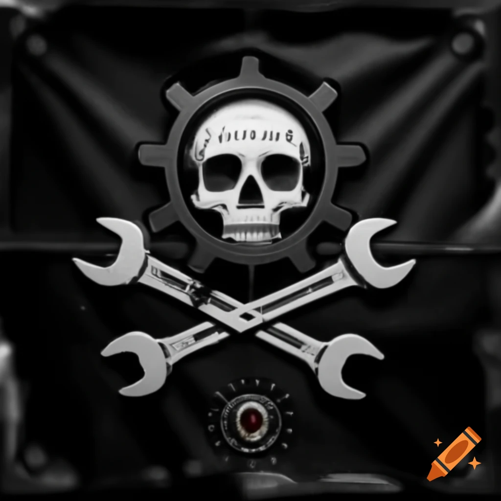 Black flag featuring white skull with gear eye patch and crossed wrenches