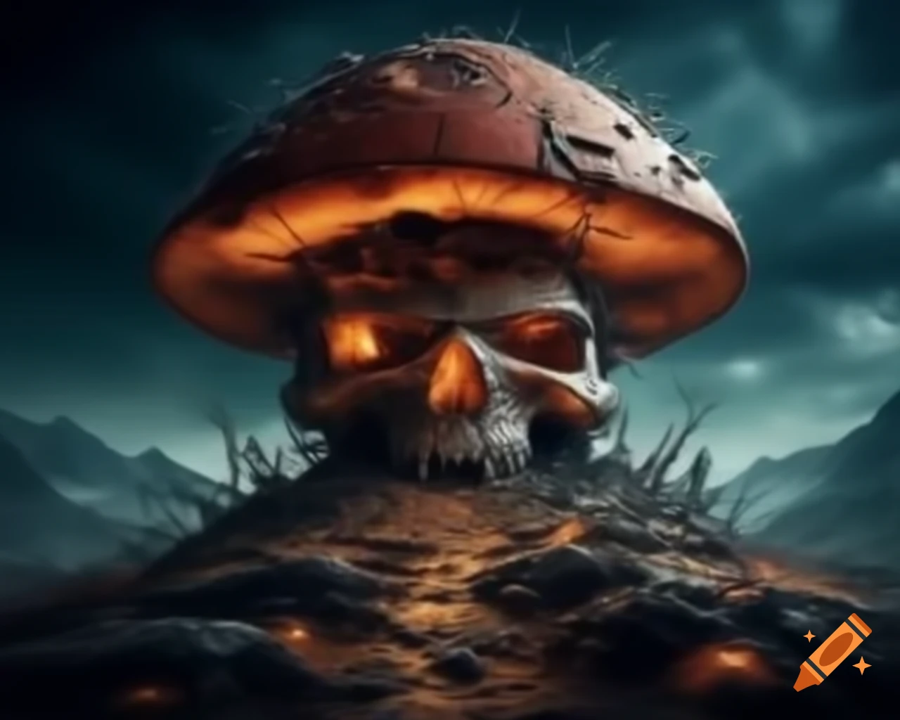 Post-apocalyptic mushroom house on skull-shaped mountain
