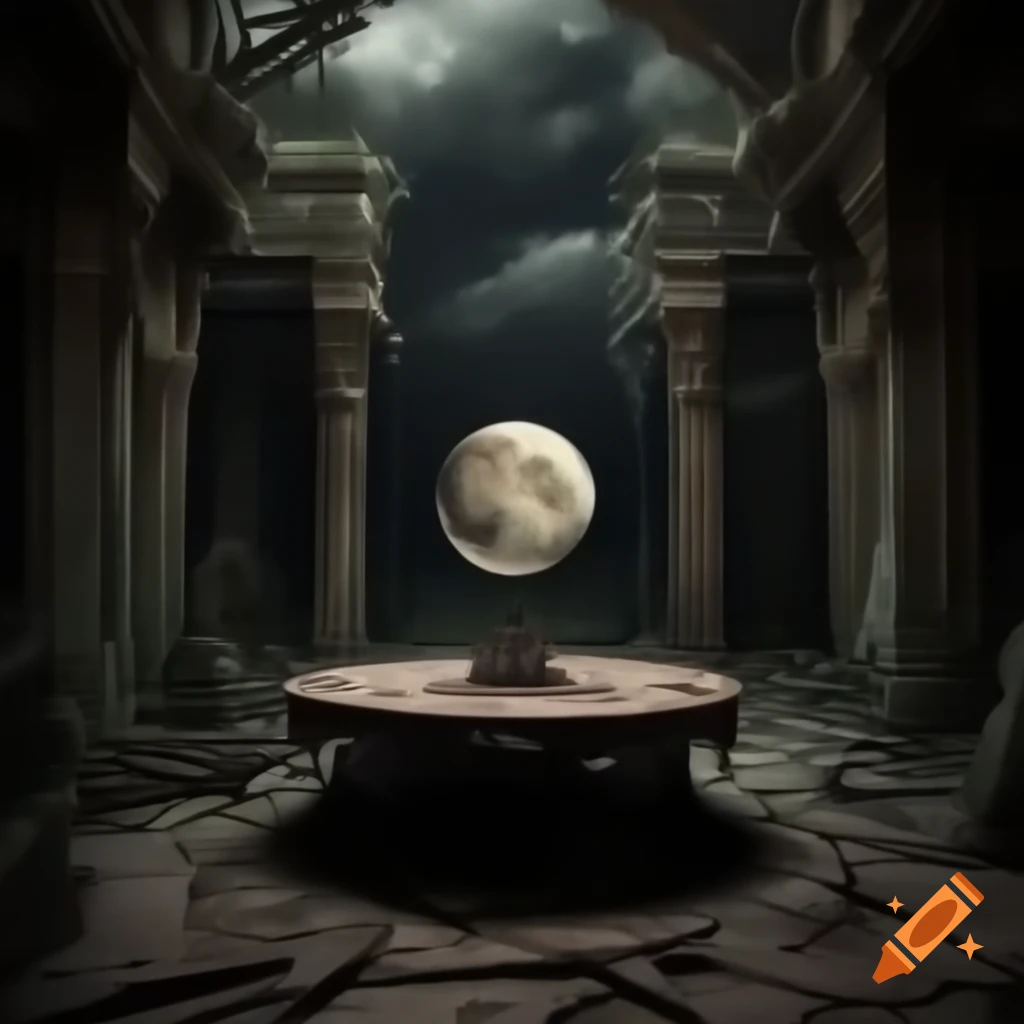 Realistic moon replica on ornate table in overgrown temple