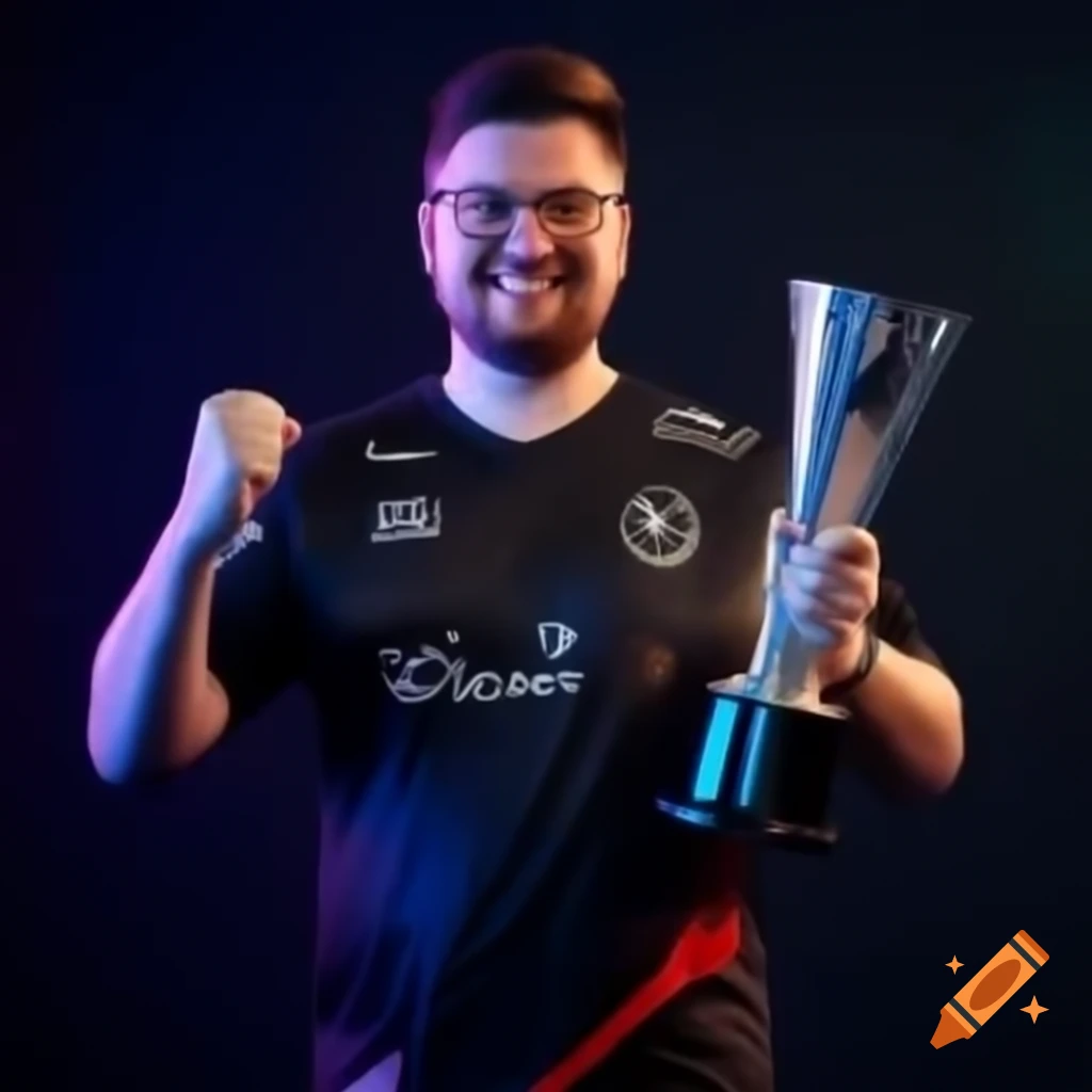Professional gamer celebrating victory with trophy at gaming competition