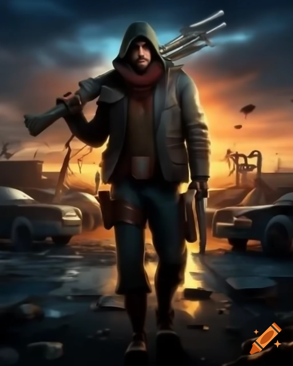 Male bandit with melee weapon in post-apocalyptic salvagepunk environment