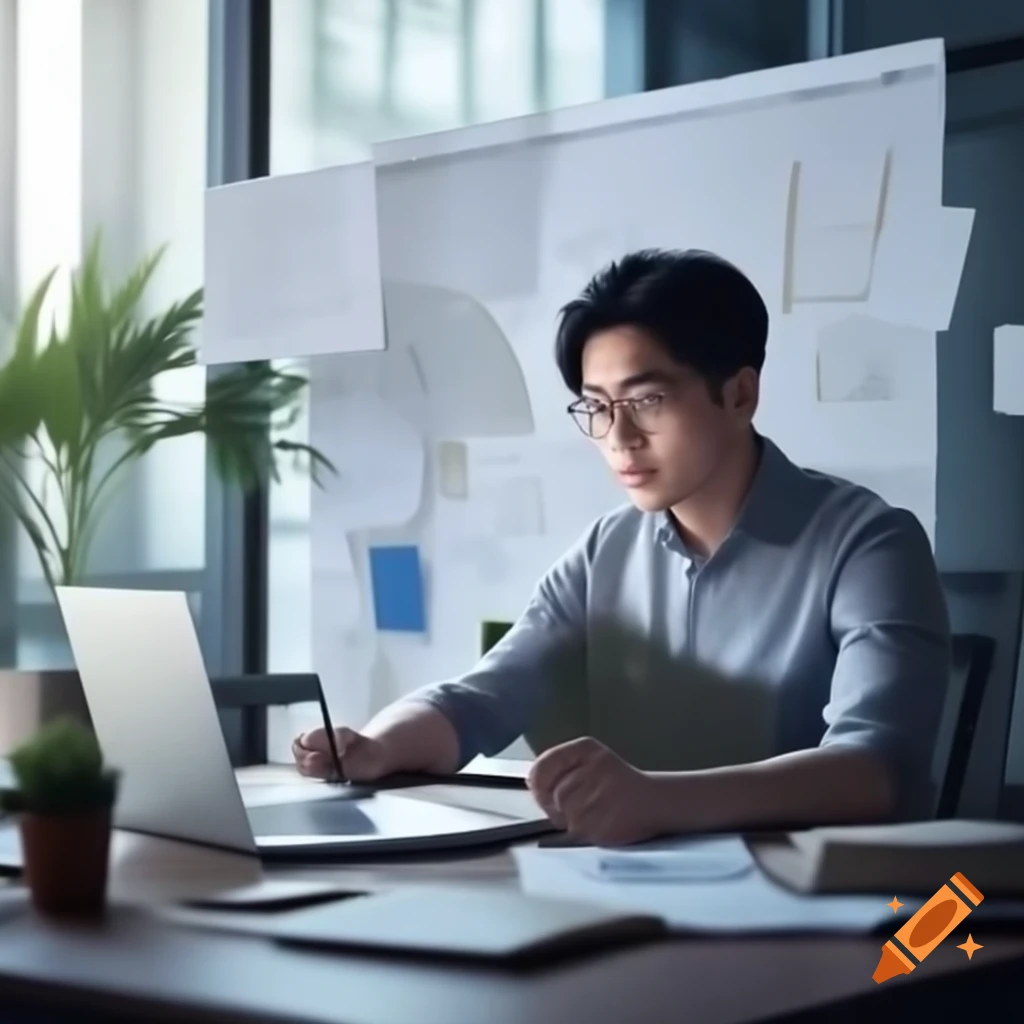 Young Asian entrepreneur working on document compliance in modern office