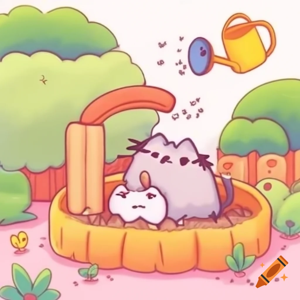 Minimalistic cat watering garden with watering can, Sanrio style