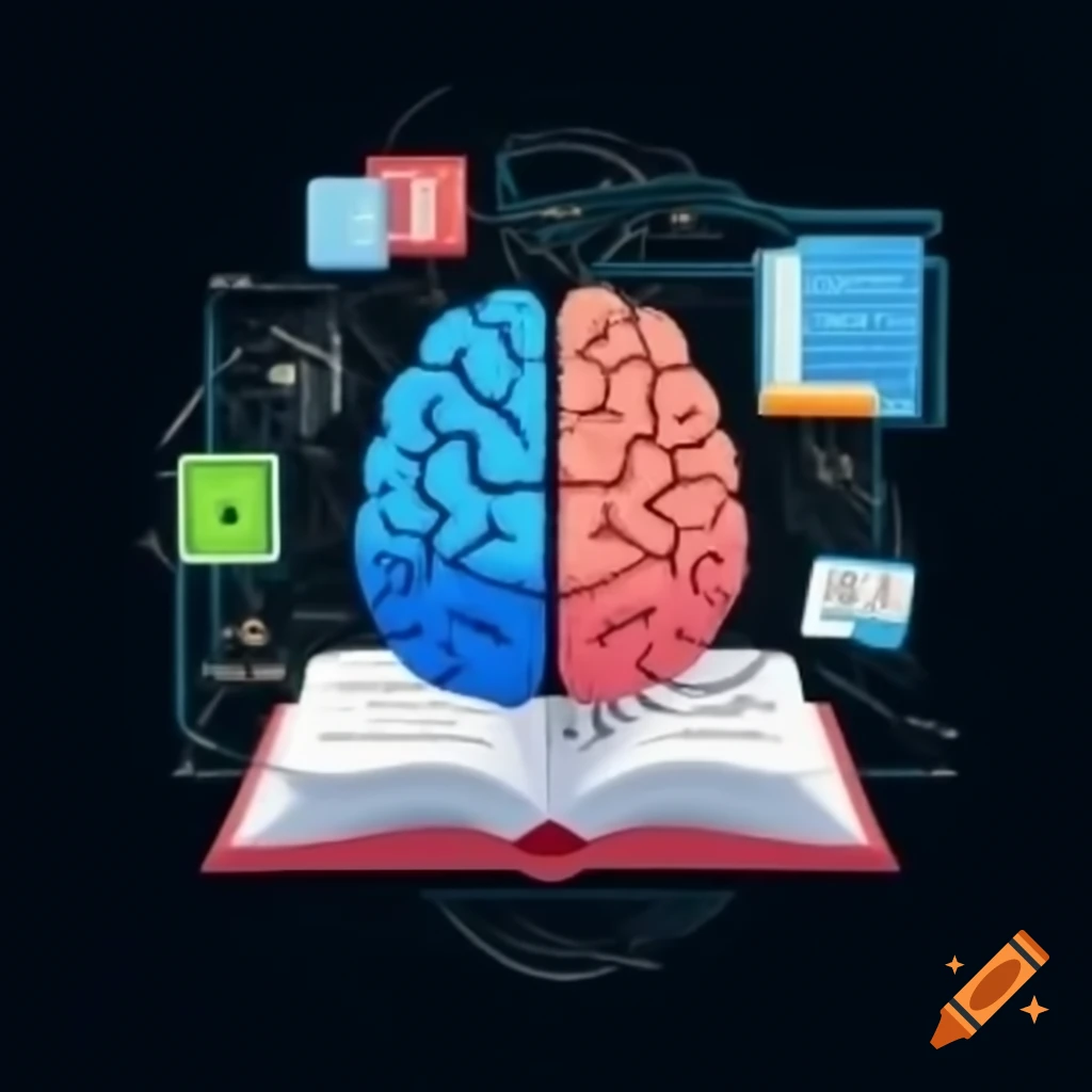 Book, brain, webpage, and spreadsheet connected to library concept