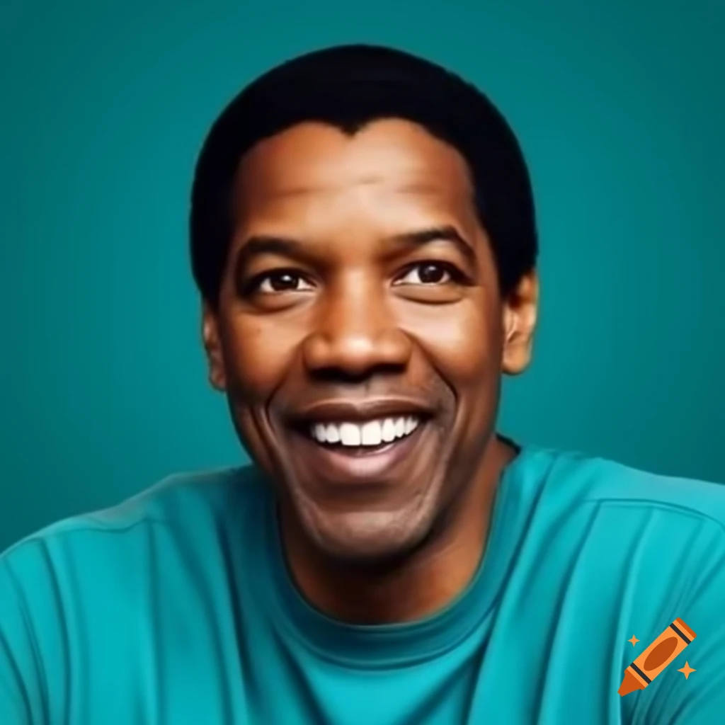 Denzel Washington in teal t-shirt against teal background