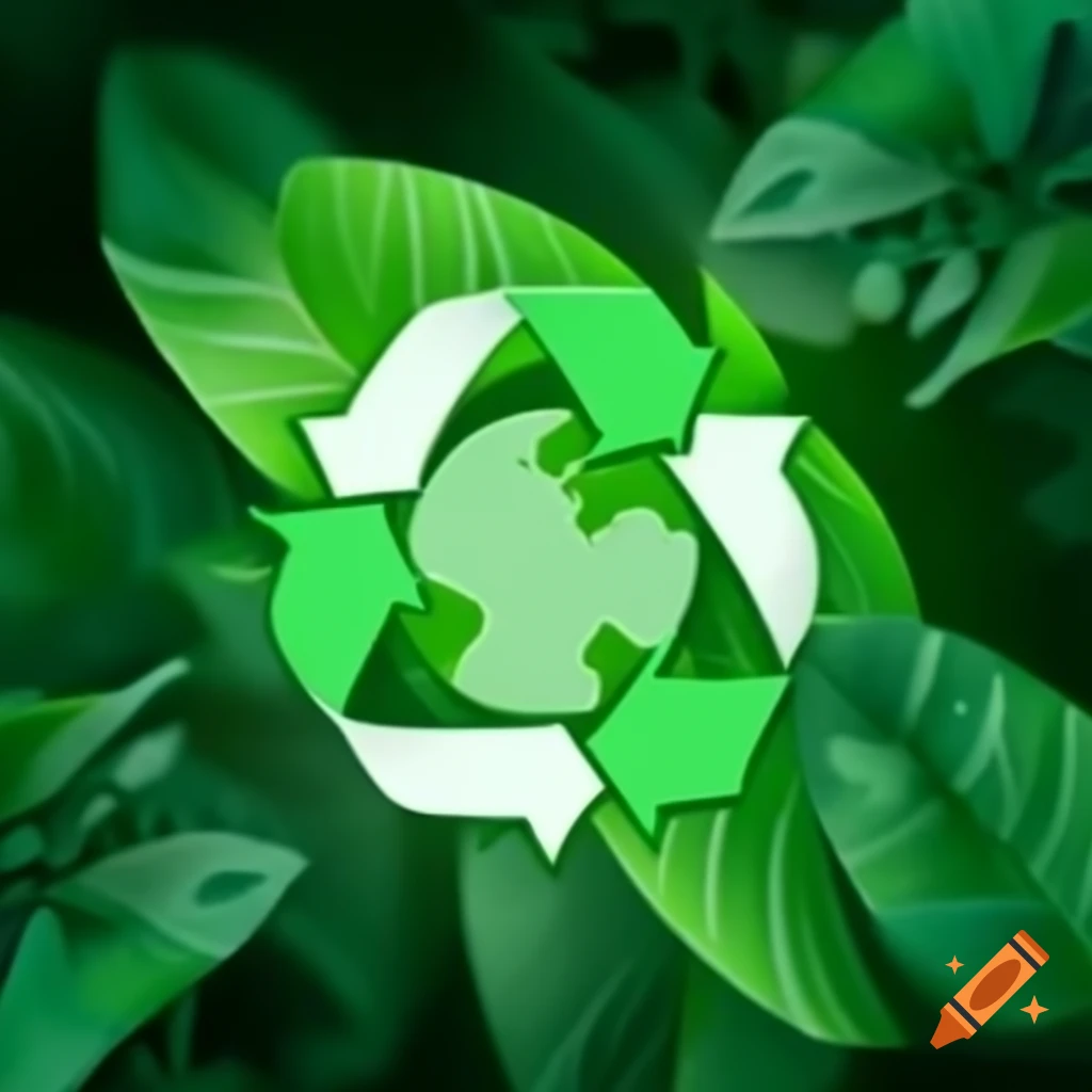 Background elements symbolizing sustainability including green leaf and recycling icon