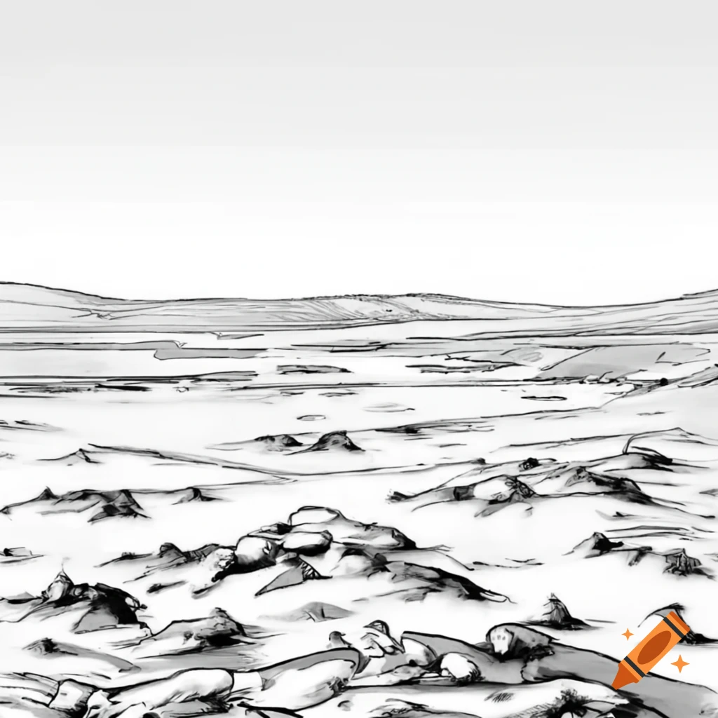 Vast desert in Necronomicon art style, black and white