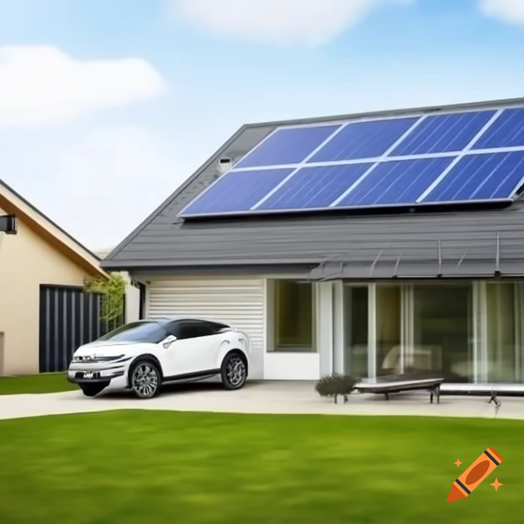 Field of solar panels with modern house and electric vehicle