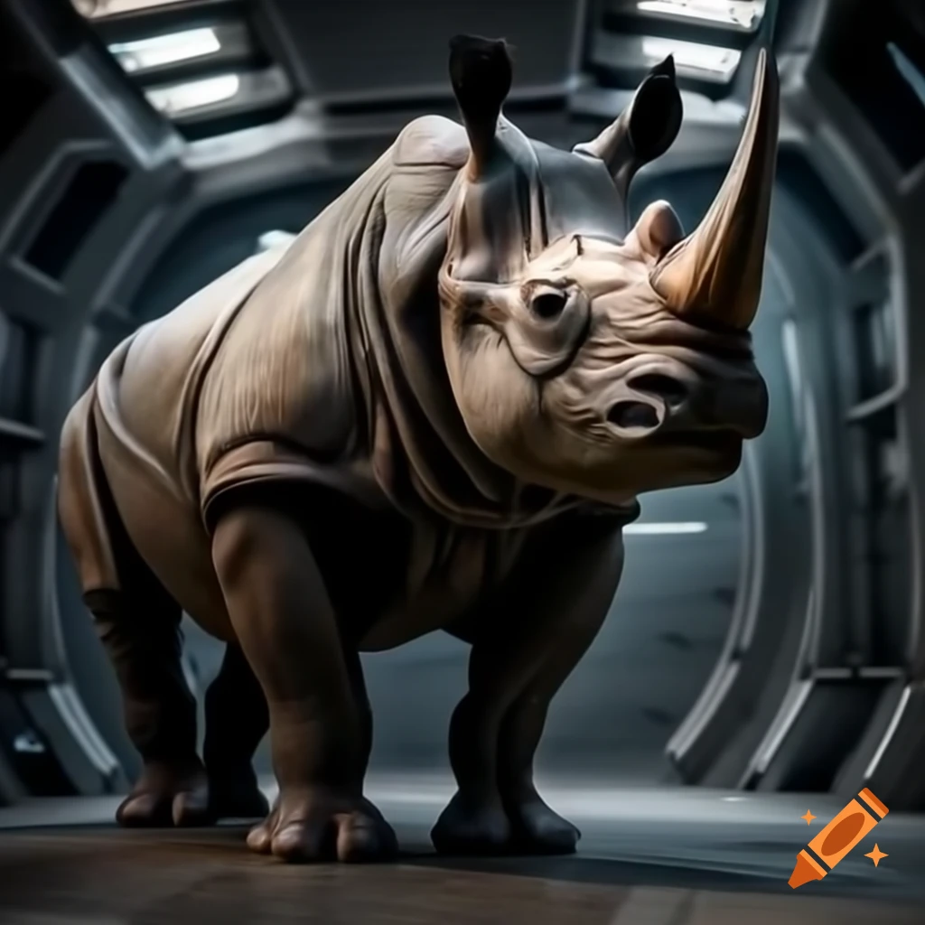 Rhino in heavy metal clothes inside a spaceship