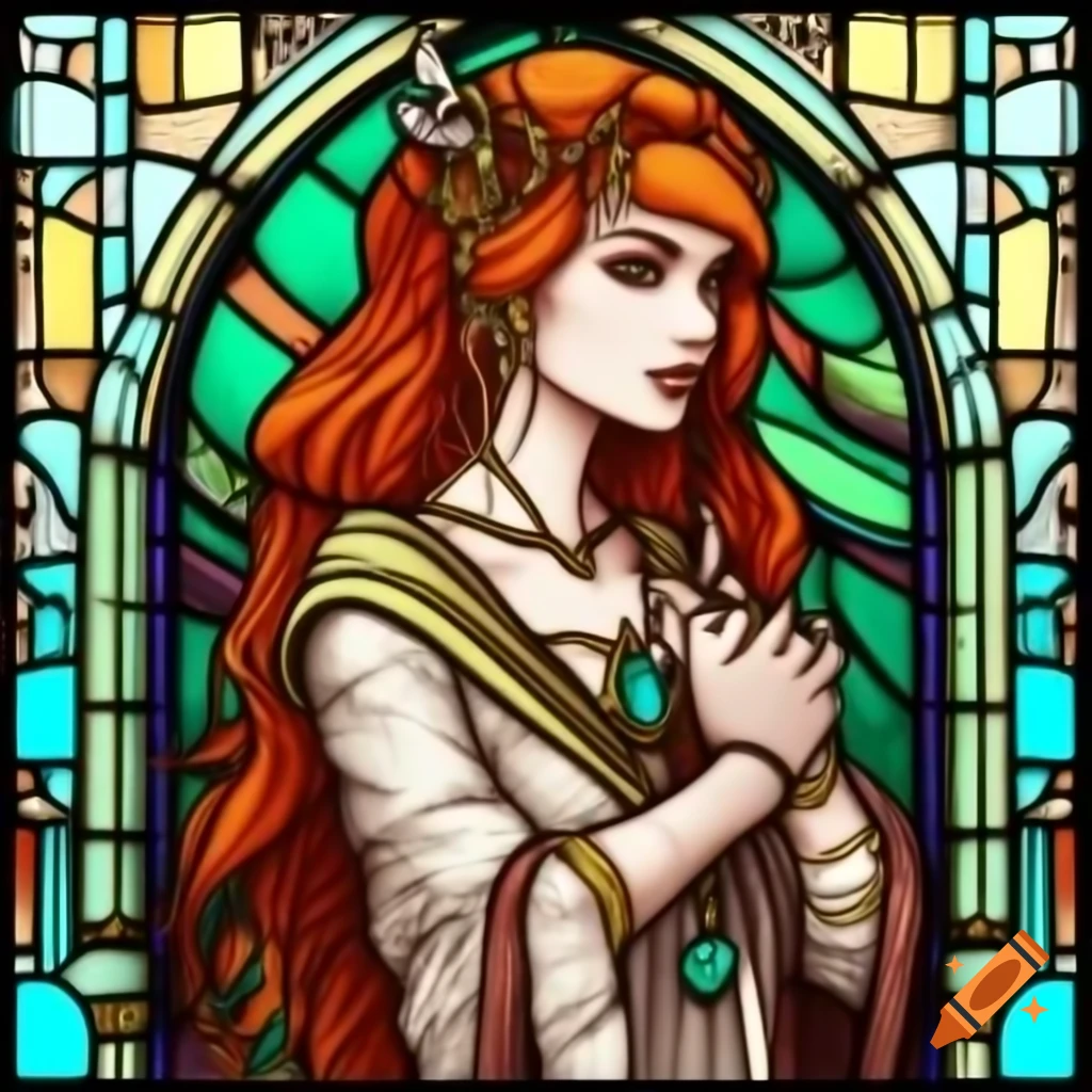 Stained glass window of elven noblewoman with intricate jewels and rich fabrics