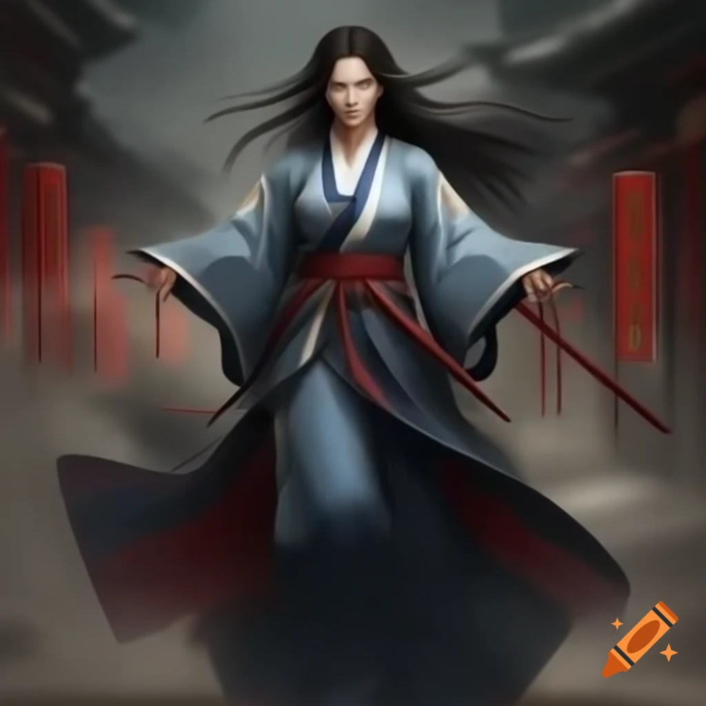 Martial arts heroine inspired by 1800s Asian fashion, resembling South Korean actress