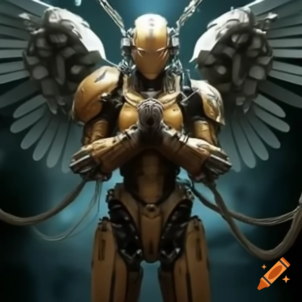 Mechanical angel with wings in prayer pose, chained and floating in space
