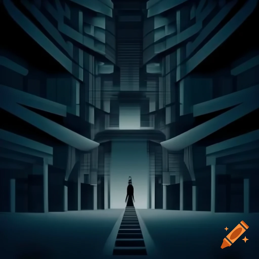 Interior of brutalist architecture tower with staircases over abyss