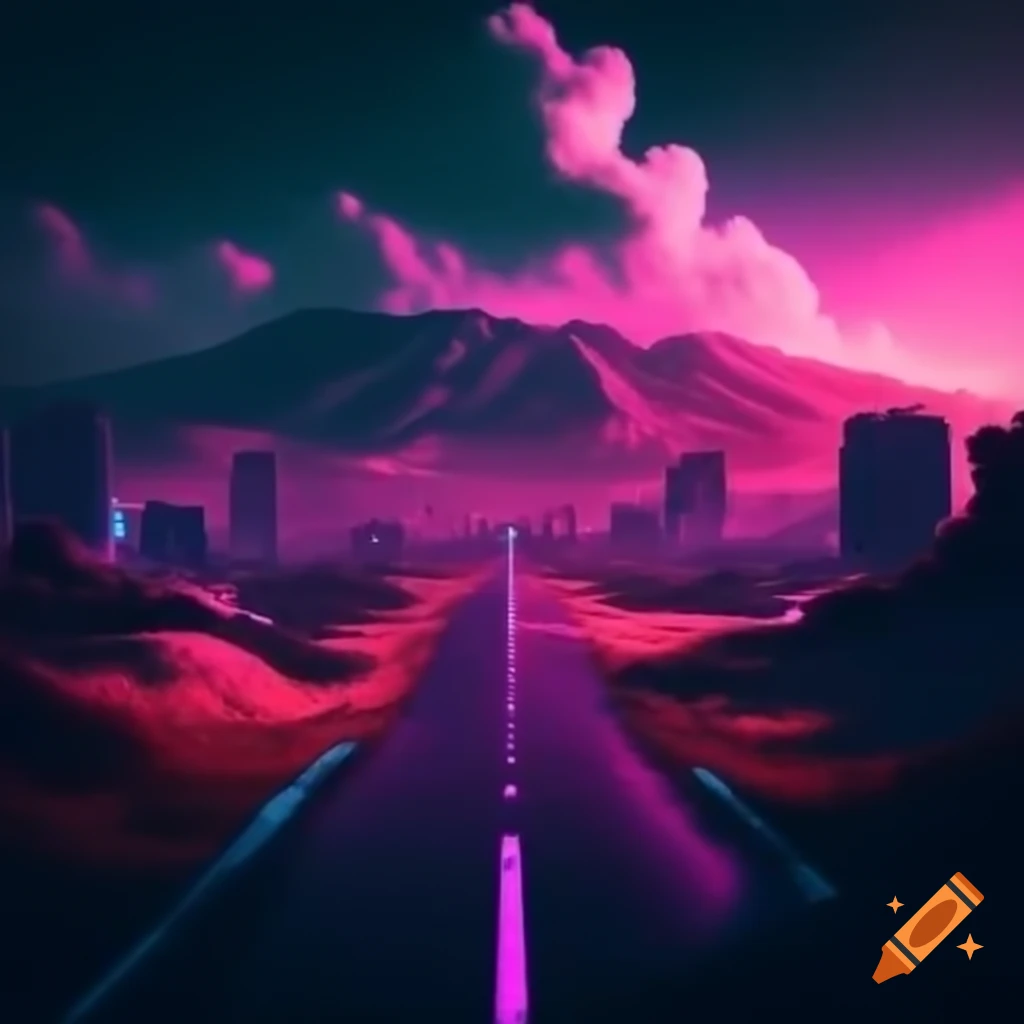 Neon scene with road, buildings, mountains, and clouds