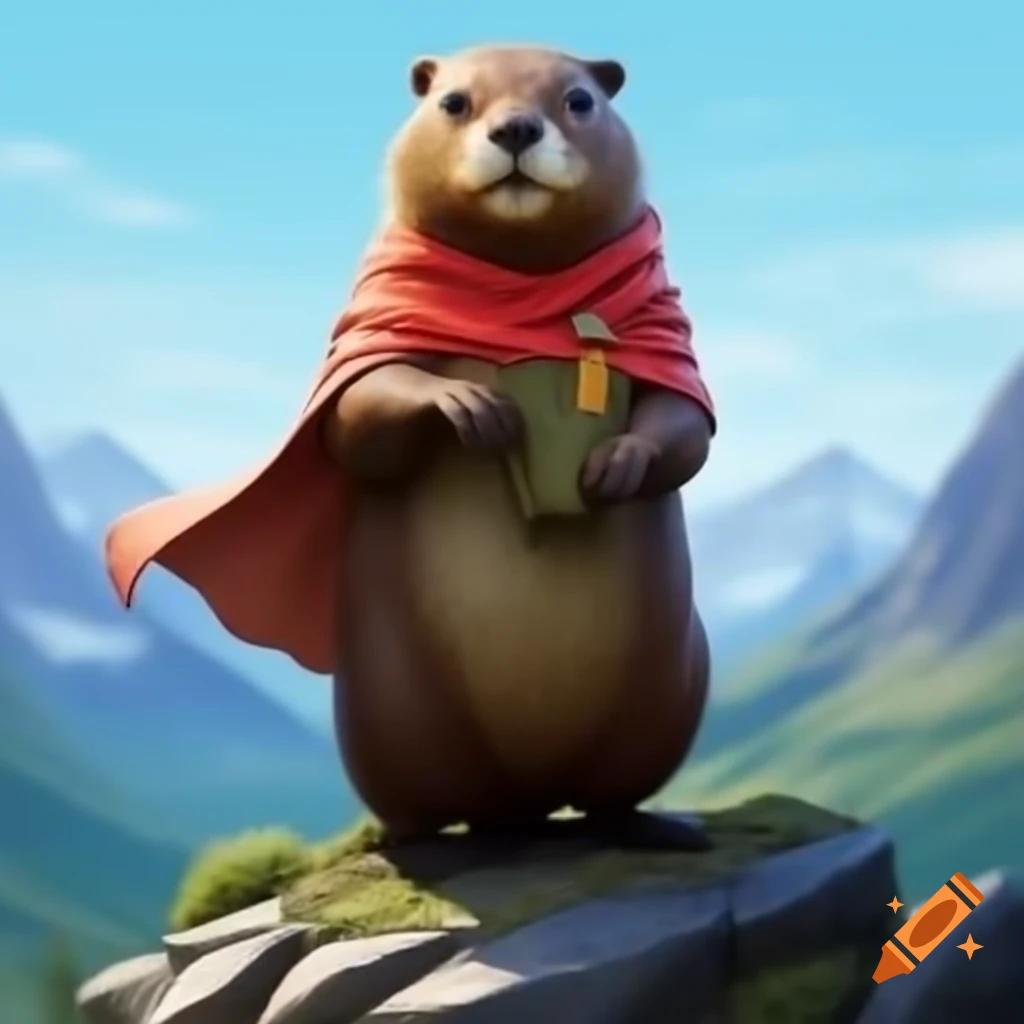 Beaver in a cape standing on a mountain of nickels