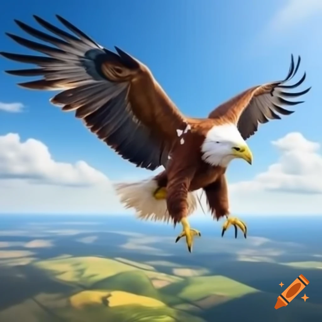 Yellow eagle soaring above Hungarian countryside with outstretched wings