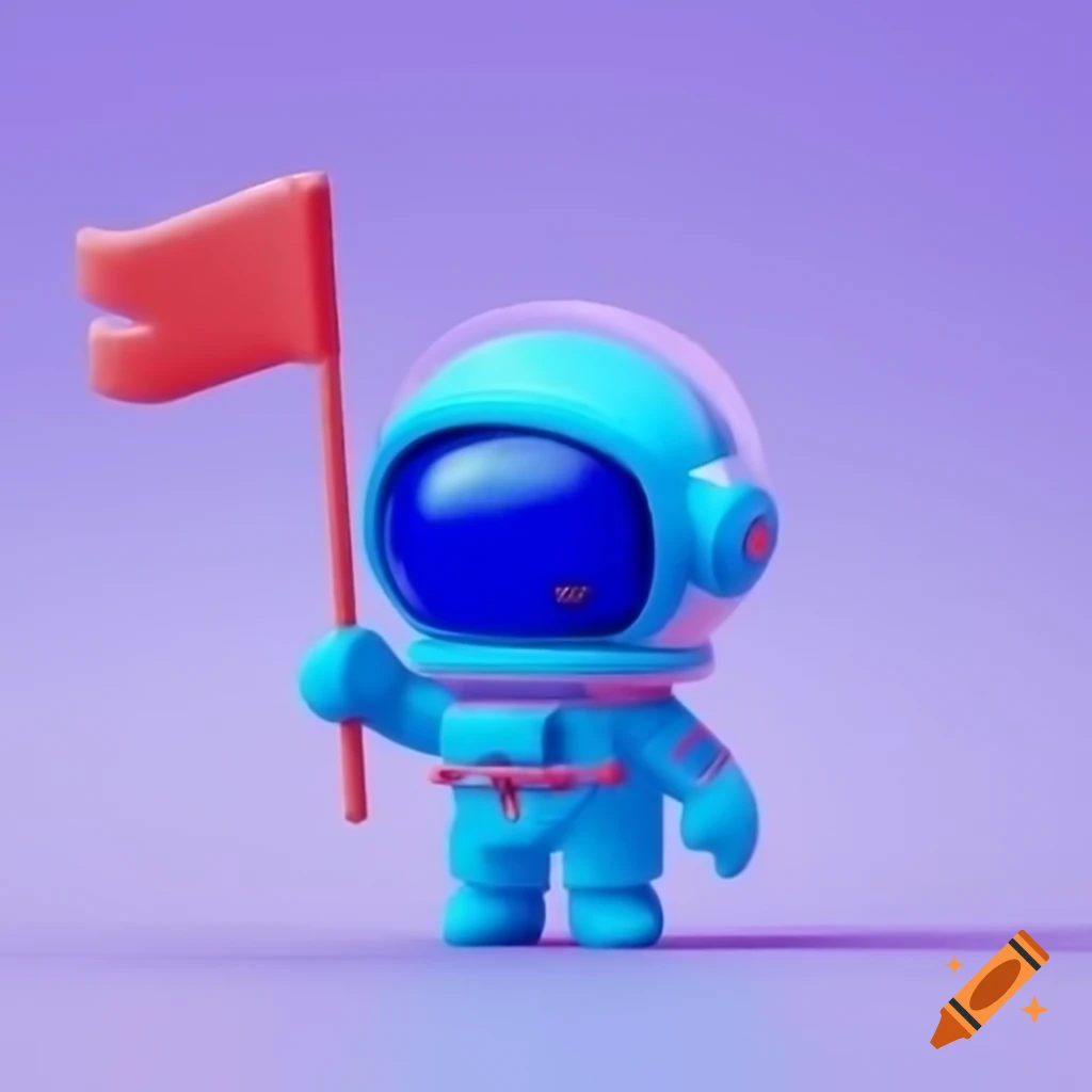 Action figure in blue astronaut suit holding a flag