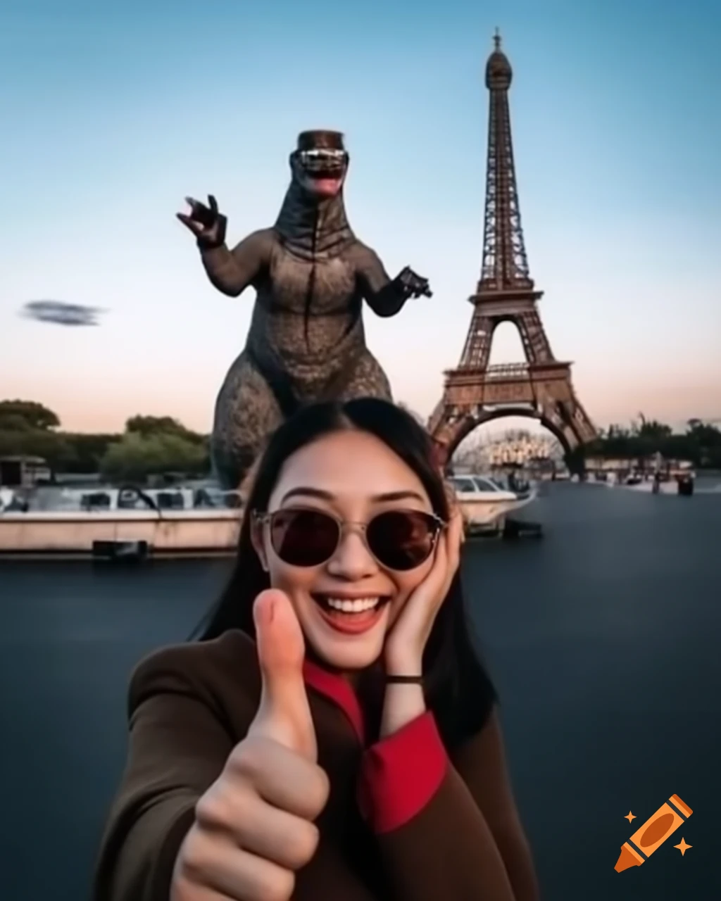 Chinese tourist actress smiling with Godzilla at Eiffel Tower, hyper-realistic detail