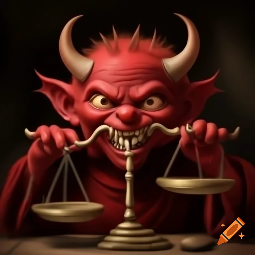 Devil figure interacting with balance scale