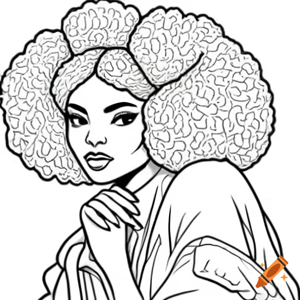 Traditional coloring pages featuring woman with afro hair and flowing dresses