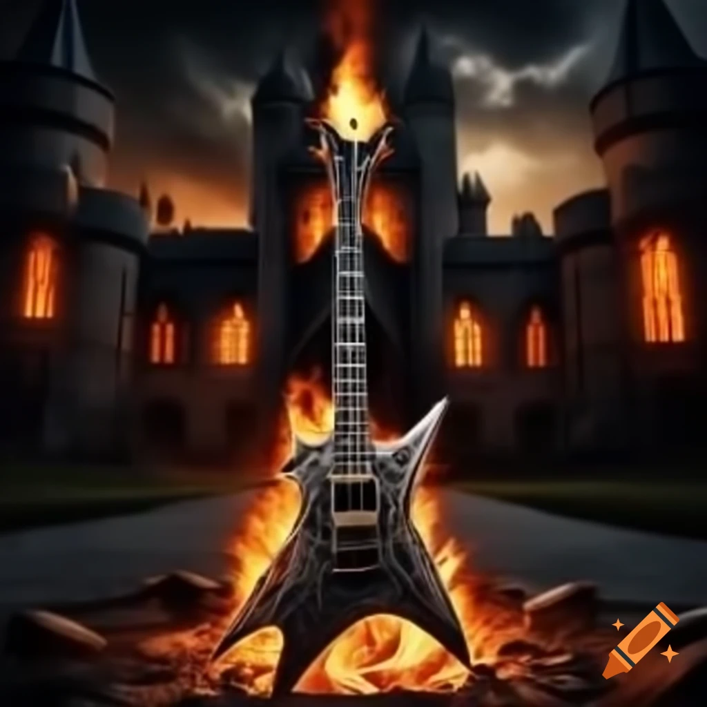 Gothic heavy metal guitar and double burger in front of medieval castle under full moon