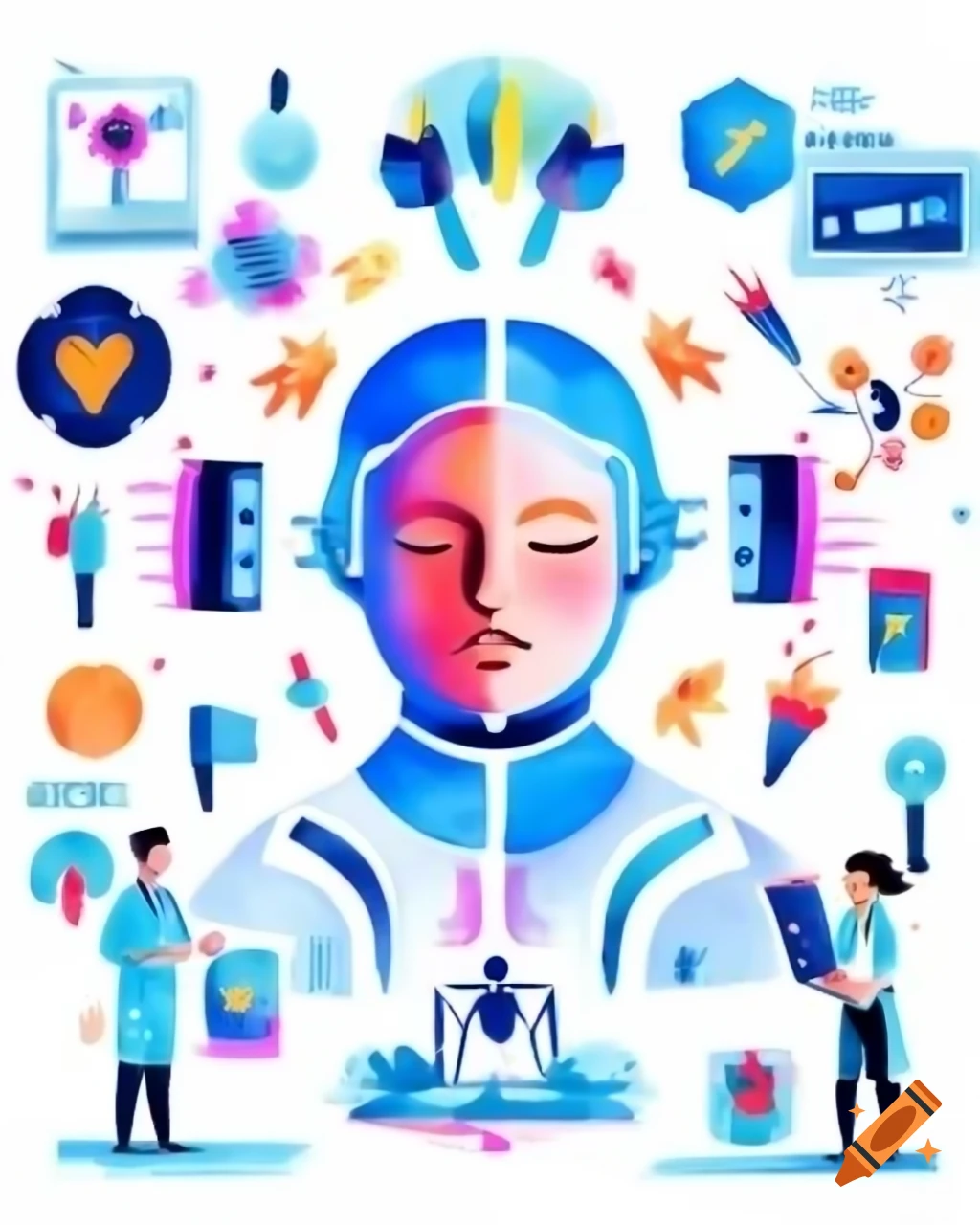 Futuristic healthcare vision featuring AI in diagnosis and treatment with a doctor