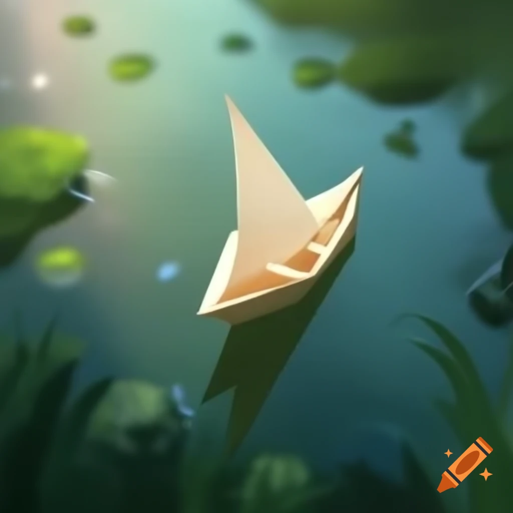 Digital art of paper boat floating in serene river at morning